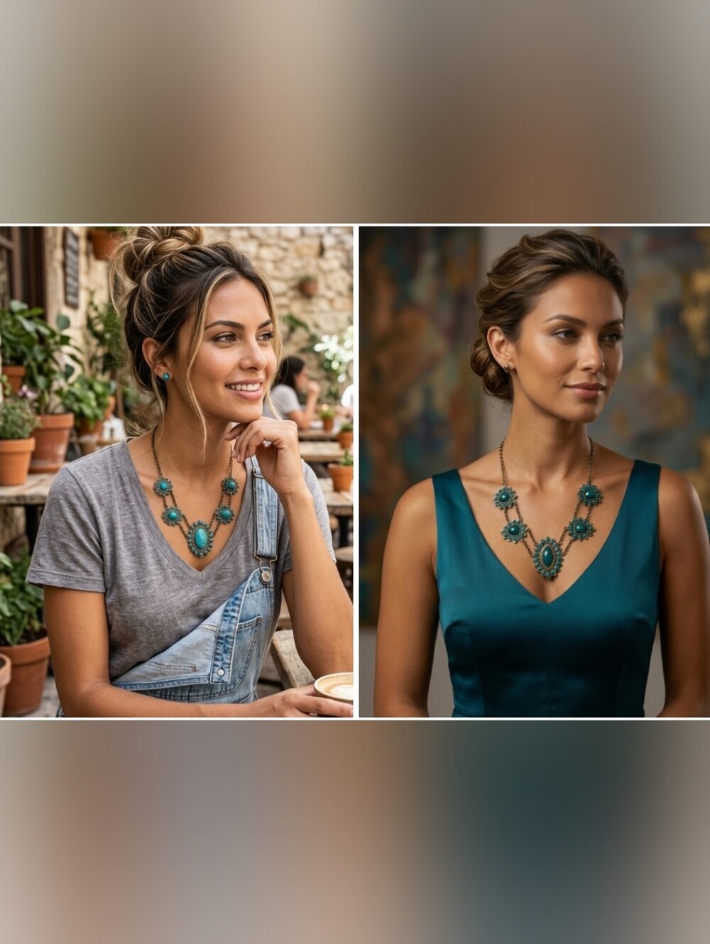 Turquoise Statement Necklace Gold/Silver Tone Beaded Southwestern Boho